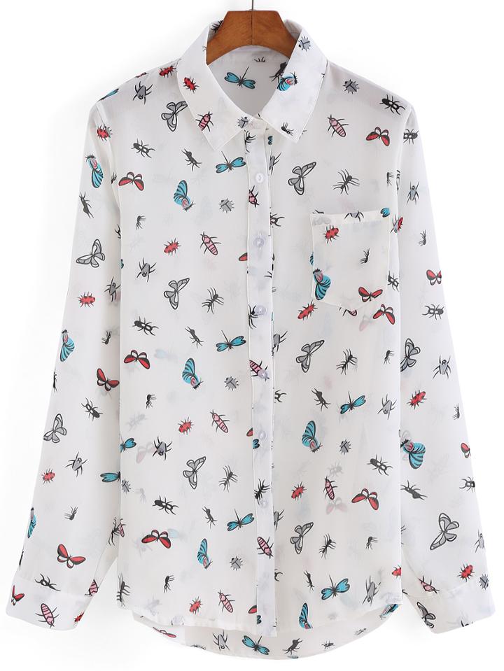 Romwe Lapel Insect Print Blouse