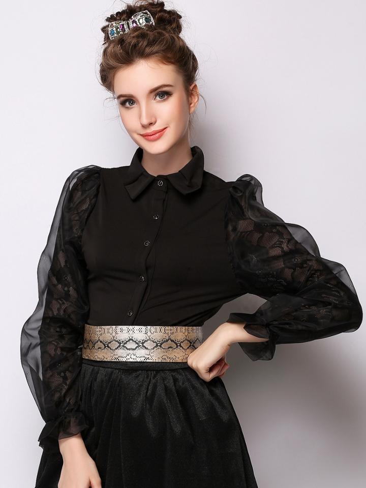 Romwe Lapel Puff Sleeve Black Blouse