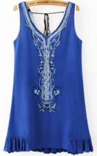 Romwe V Neck Sequined Embroidered Peplum Hem Blue Dress
