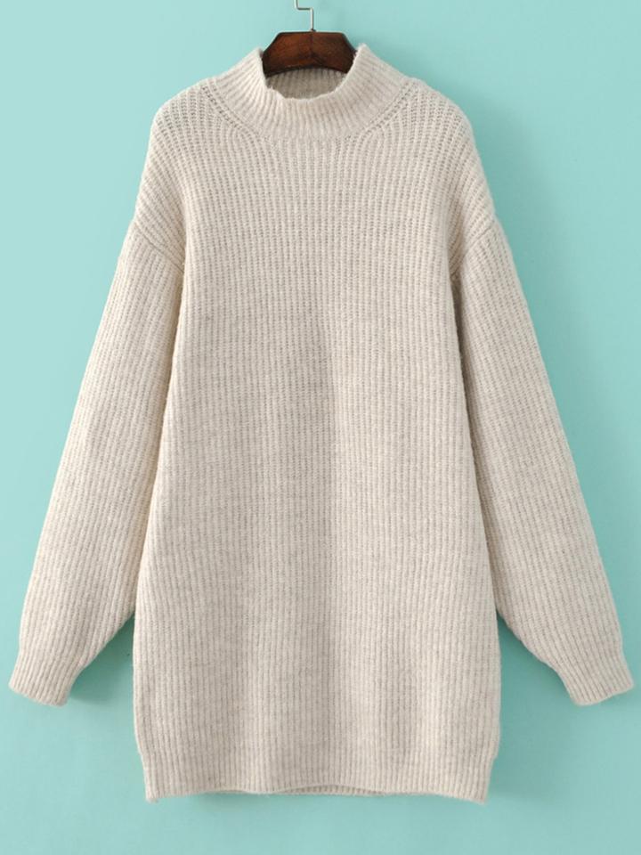 Romwe Beige Mock Neck Drop Shoulder Sweater Dress