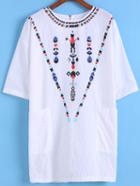 Romwe With Pockets Geometric Print White T-shirt