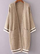 Romwe Khaki Striped Trim Front Pocket Long Cardigan