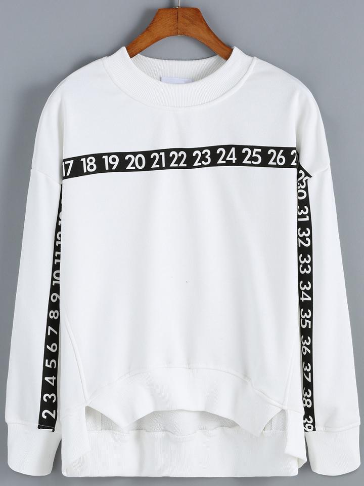 Romwe Number Print High Low White Sweatshirt