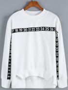 Romwe Number Print High Low White Sweatshirt
