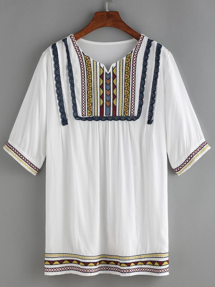 Romwe Elbow Sleeve Embroidered Shirt