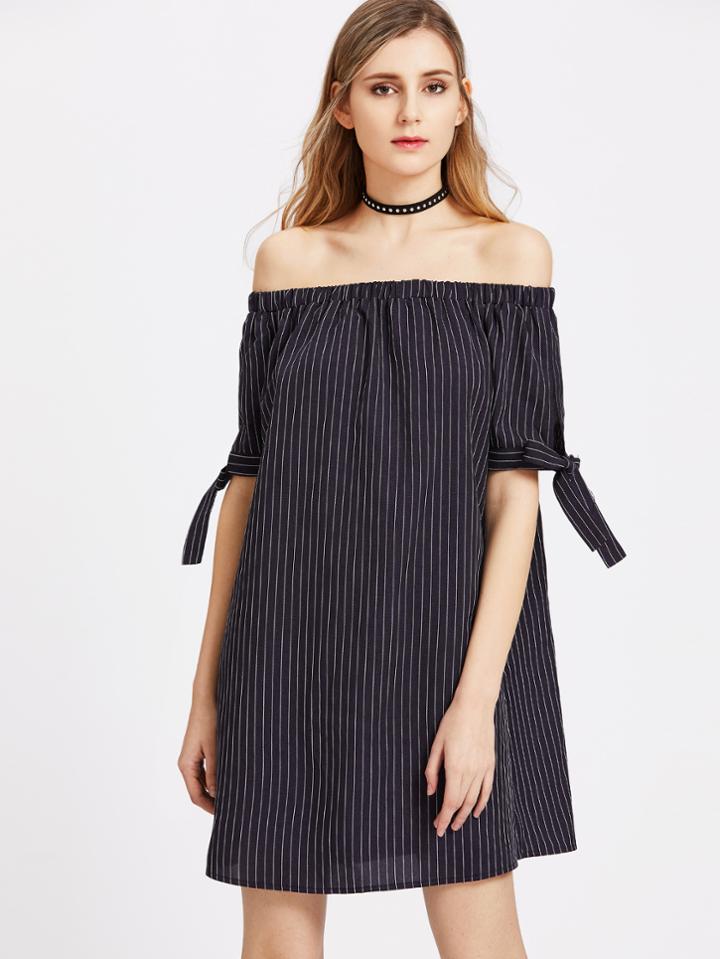 Romwe Pinstripe Off The Shoulder Self Tie Sleeve Dress
