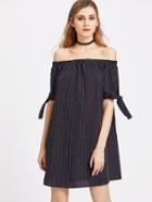 Romwe Pinstripe Off The Shoulder Self Tie Sleeve Dress