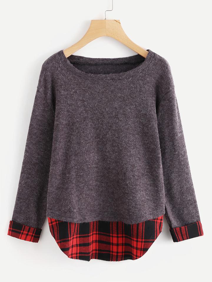 Romwe Rolled Sleeve Plaid Panel Knit Sweater