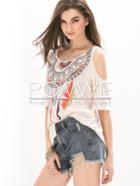 Romwe White Cold Shoulder Half Sleeve Print T-shirt