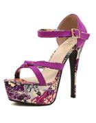 Romwe Purple Platform Ankle Strap Florals High Heeled Sandals