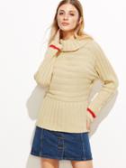 Romwe Apricot Turtleneck Striped Trim Sweater