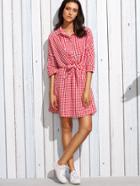Romwe Red Checkerboard Tie Front Shirt Dress