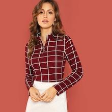 Romwe Zip Half Placket Grid Fitted Top