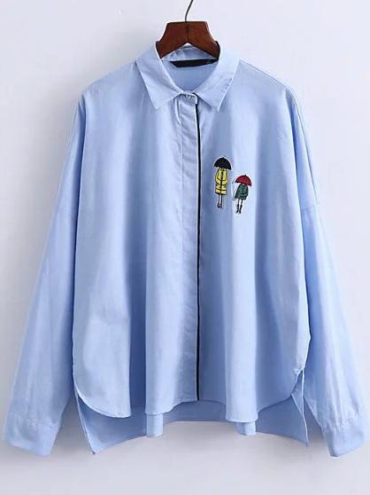 Romwe Blue Embroidery Dip Hem Blouse