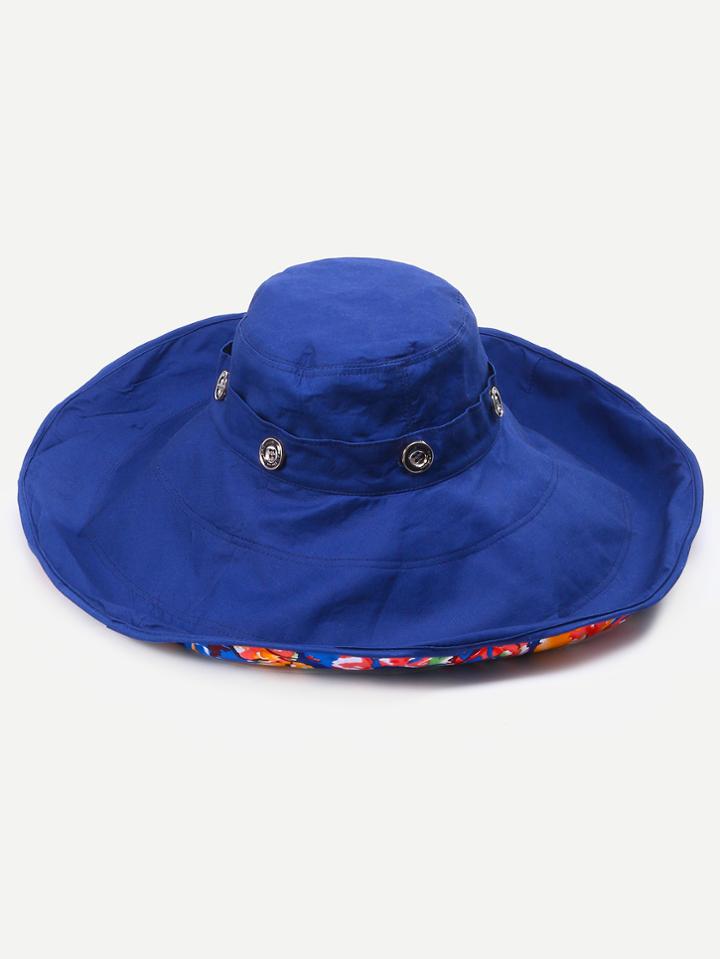 Romwe Royal Blue Floral Liner Large Brimmed Hat