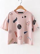 Romwe Pink Round Neck Printed Short Sleeve T-shirt