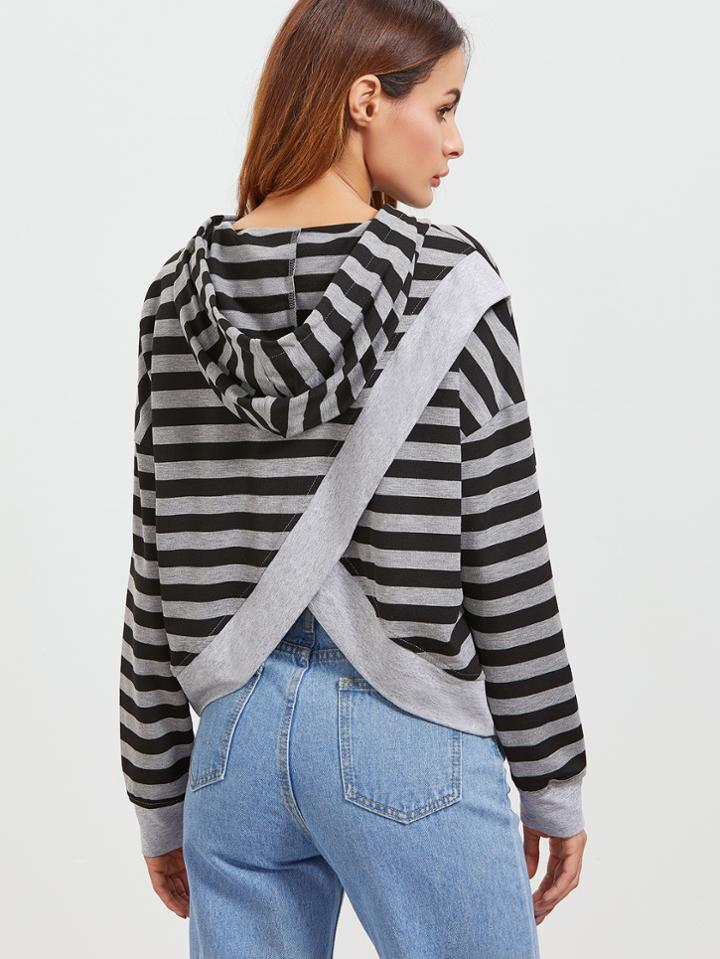 Romwe Black And Grey Striped Split Back Sweatshirt