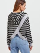 Romwe Black And Grey Striped Split Back Sweatshirt