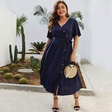 Romwe Plus Button Through Self Tie Dress