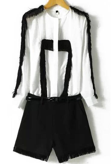 Romwe White Long Sleeve Tassel Top With Black Skirt
