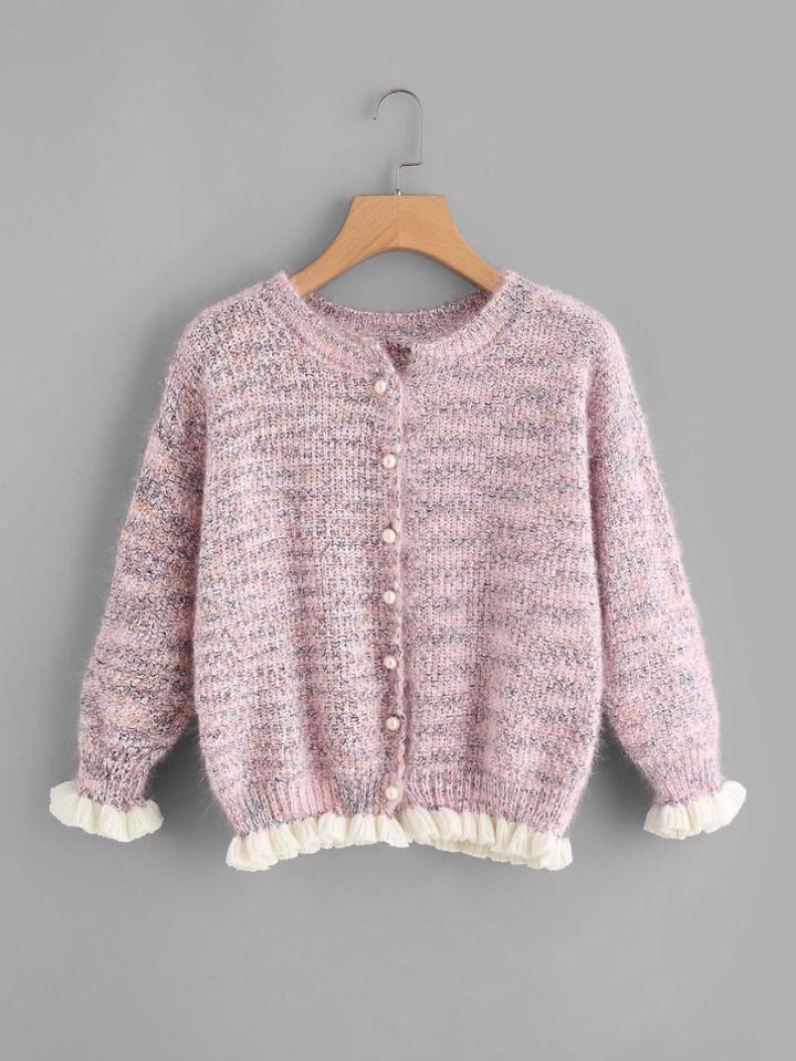 Romwe Contrast Frill Trim Faux Pearl Button Sweater