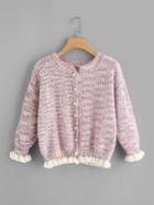 Romwe Contrast Frill Trim Faux Pearl Button Sweater