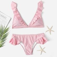 Romwe Ruffle Triangle Top With Low Rise Bikini Set
