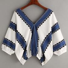 Romwe Random Print Contrast Print Double V Blouse