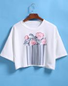 Romwe Flower Print Crop White T-shirt