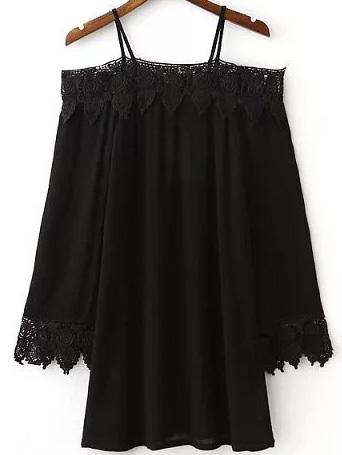 Romwe Black Cold Shoulder Crochet Shift Dress