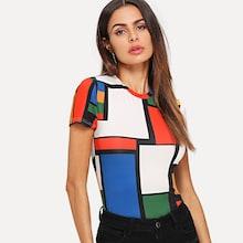 Romwe Geometric Print Color Block Top