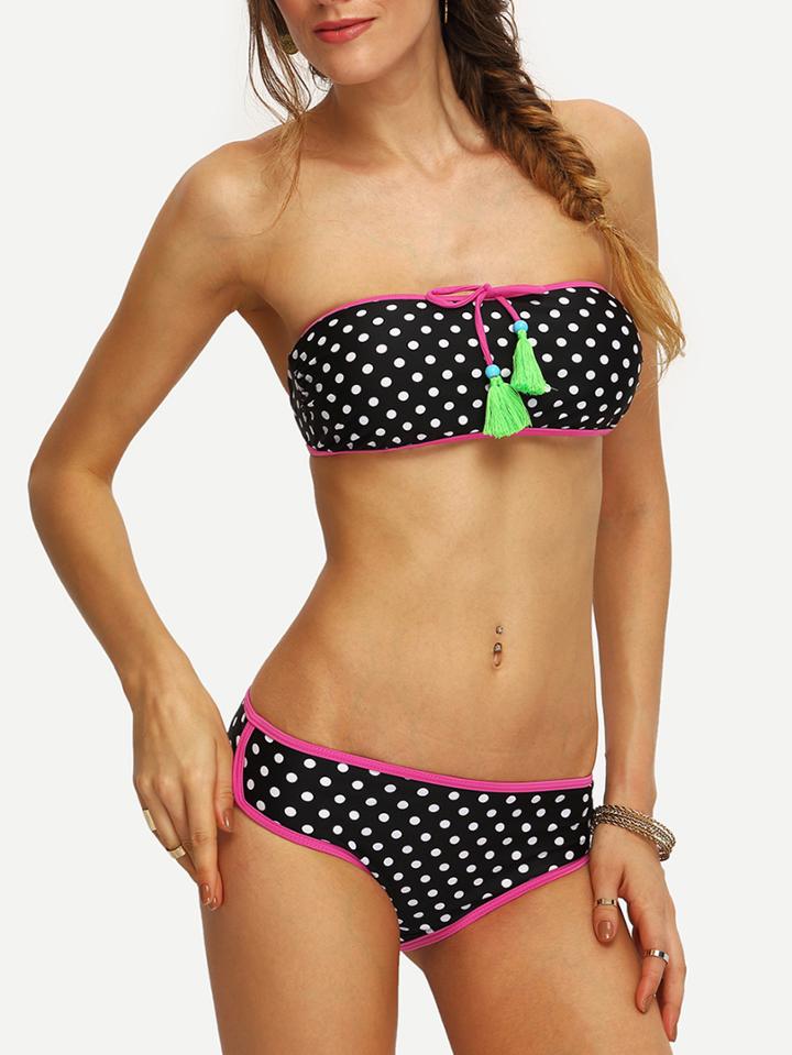 Romwe Polka Dot Print Tassel-tied Bandeau Bikini Set