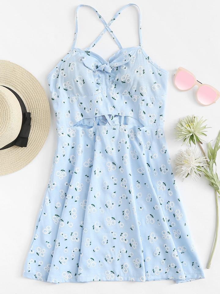 Romwe Floral Print Criss Cross Back Cami Dress