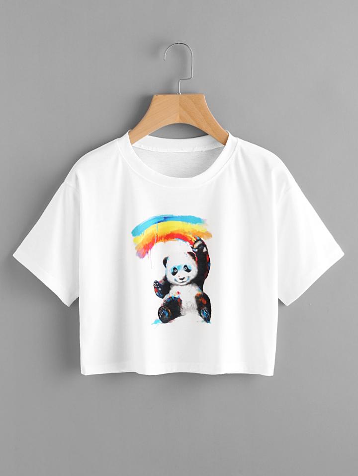 Romwe Rainbow Panda Print Tee