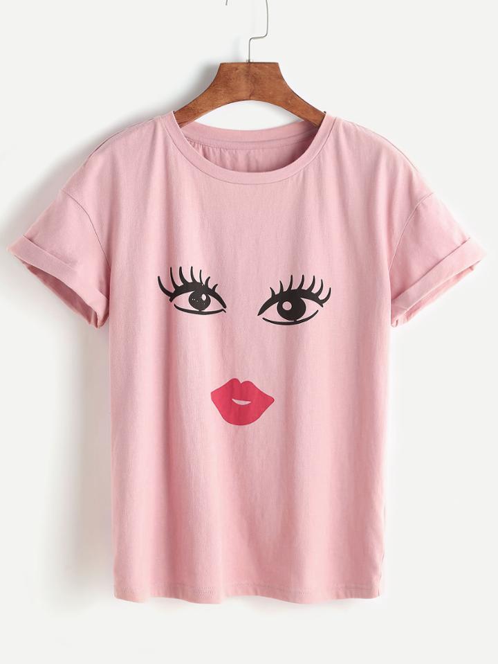 Romwe Eye Print Dropped Shoulder Rolled Cuff Tee
