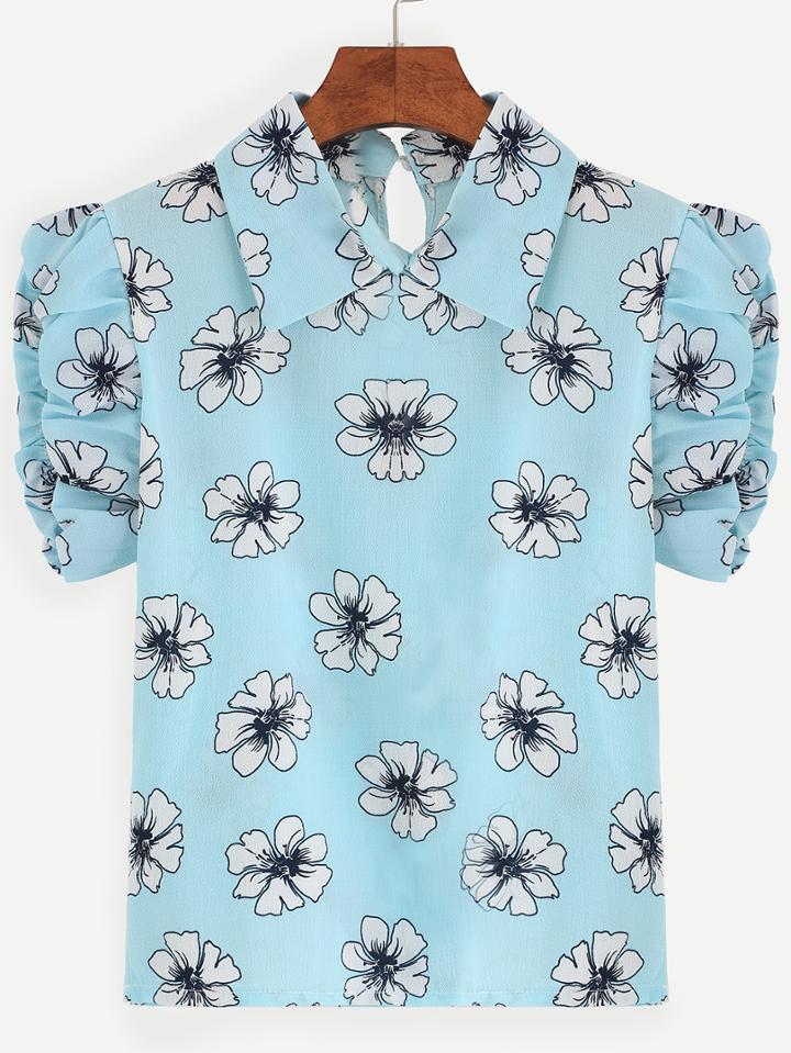 Romwe Sky Blue Lapel Floral Print Keyhole Blouse
