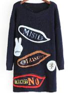 Romwe Flocked Patch Long Navy Sweater