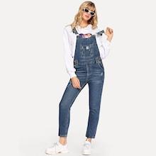 Romwe Stitch Detail Faded Wash Denim Overalls
