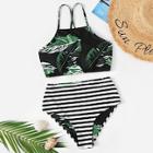 Romwe Random Leaf Lace-up Top With Striped Bikini Set