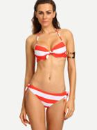 Romwe Orange White Striped Knot-front Bikini Set