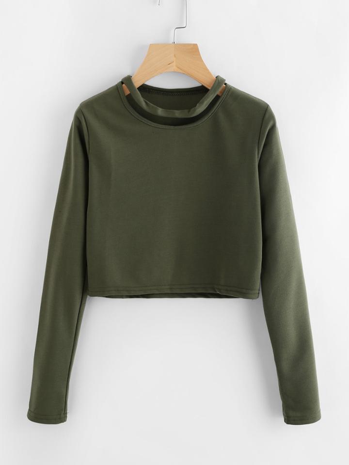 Romwe Cut Out Neck Strap Crop Tee