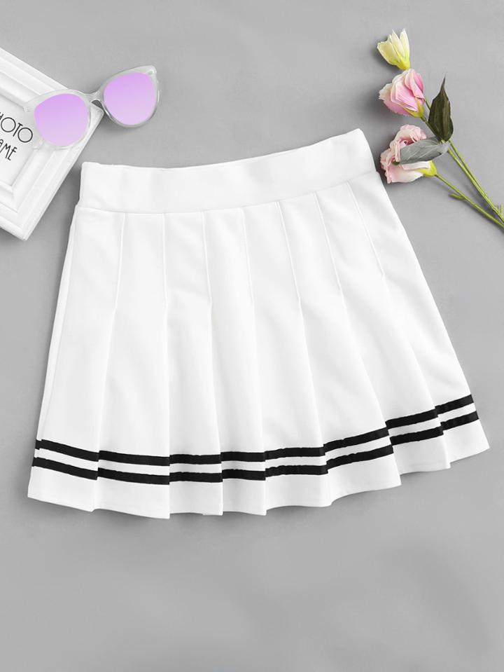 Romwe Stripe Panel Pleated Skirt