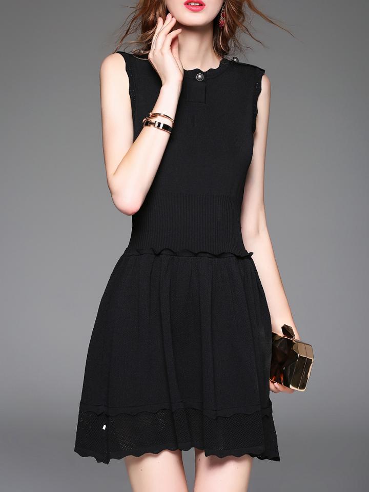 Romwe Black Knit Ruffle Mesh A-line Dress