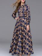 Romwe Multicolor Lapel Long Sleeve Drawstring Print Dress
