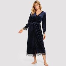 Romwe Eyelash Lace Self Belted Velvet Robe