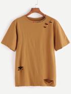 Romwe Khaki Letter Print Ripped T-shirt