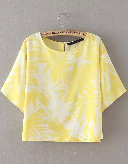 Romwe Yellow Short Sleeve Leaves Print Crop Blouse
