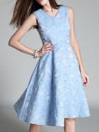 Romwe Blue V Neck Jacquard A-line Dress