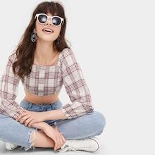Romwe Plaid Print Off The Shoulder Blouse