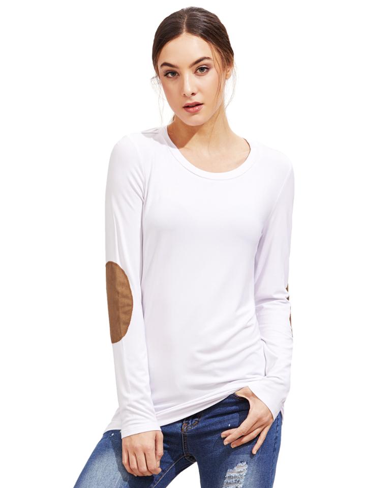 Romwe White Long Sleeve Elbow Patch T-shirt
